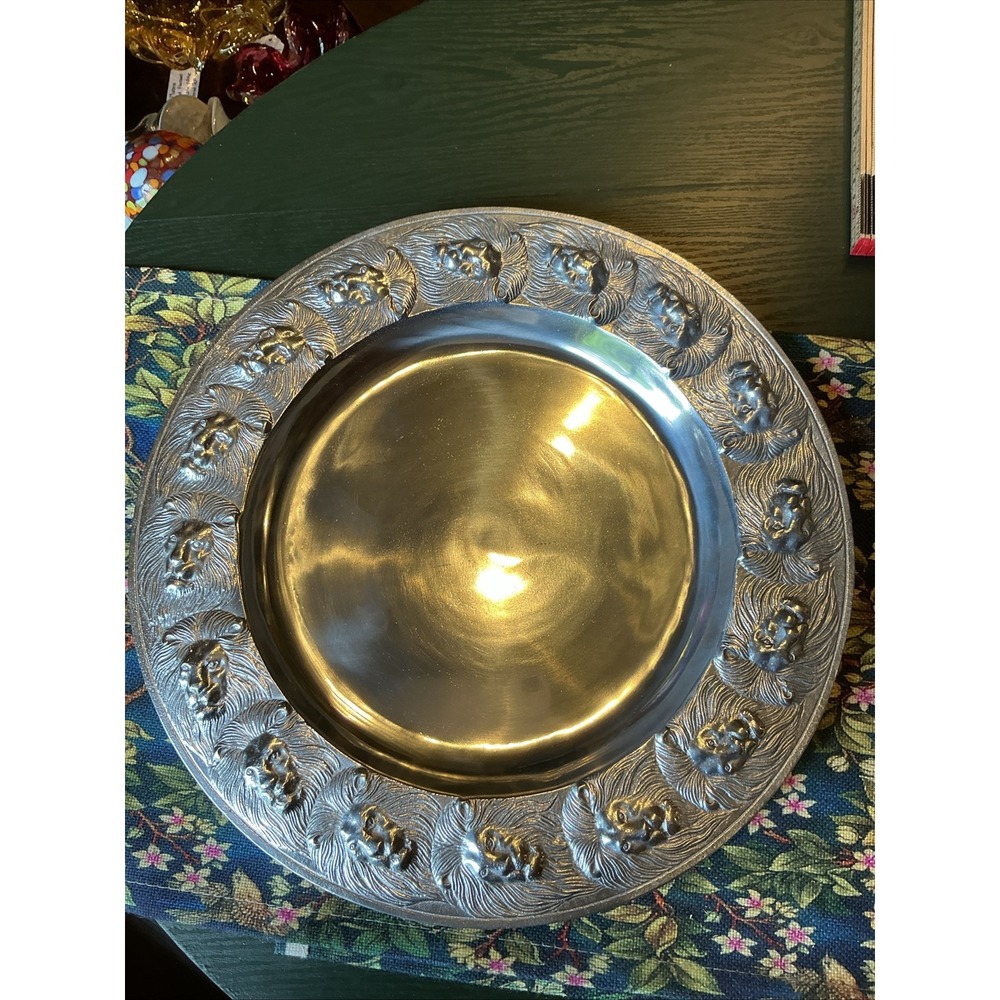 Vintage 1984 12" Arthur Court Lion Head Zodiac Aluminum Serving Platter Plate